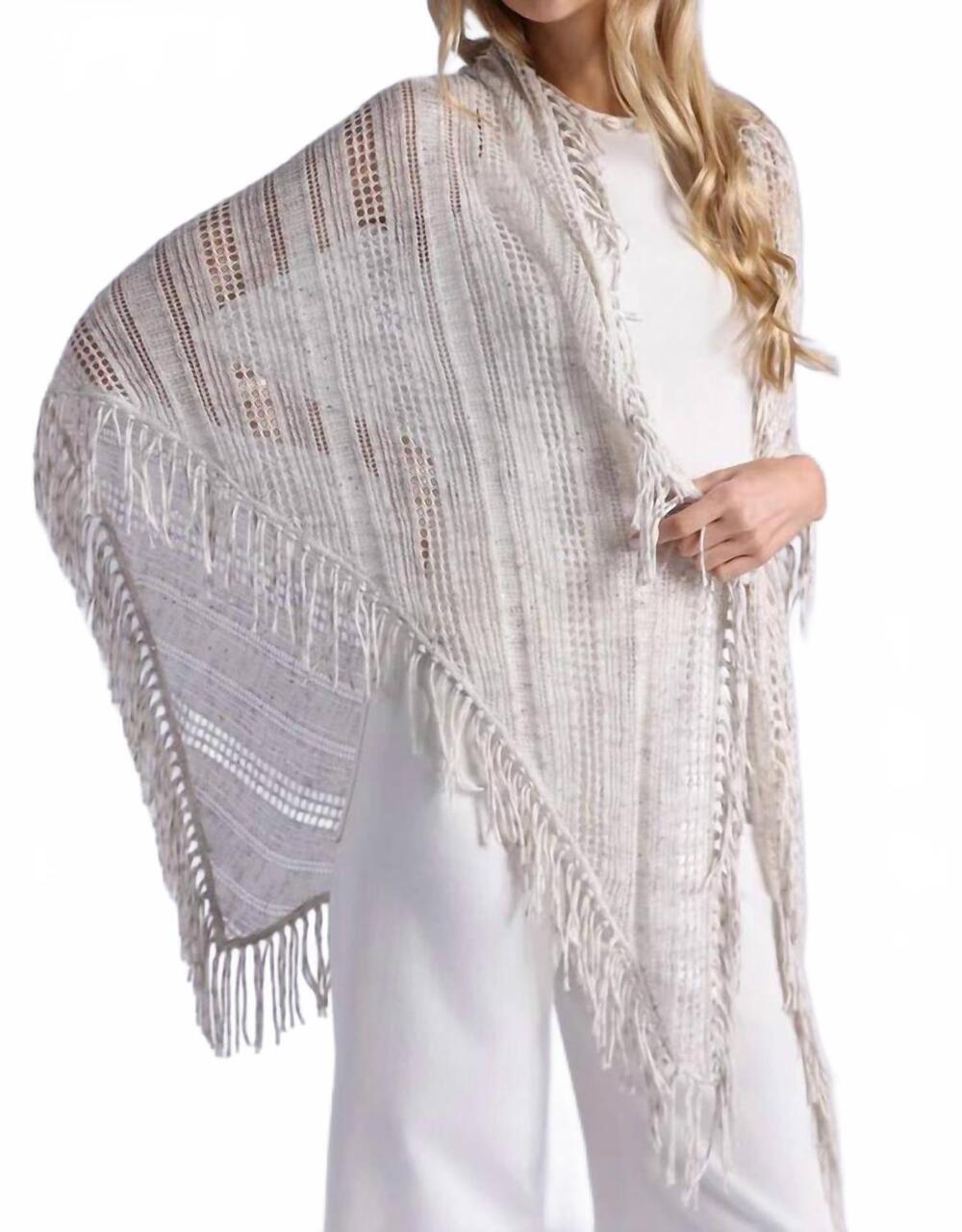 NEW MINNIE ROSE sequin pointelle stripe fringe shawl in sand